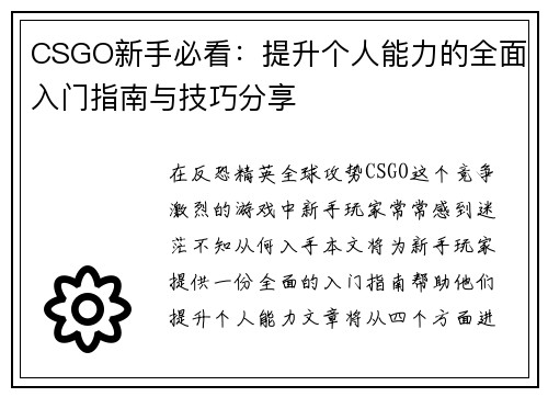 CSGO新手必看：提升个人能力的全面入门指南与技巧分享